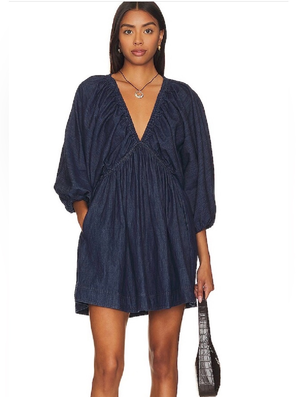 Free People Portia Denim Babydoll Mini Dress size Large